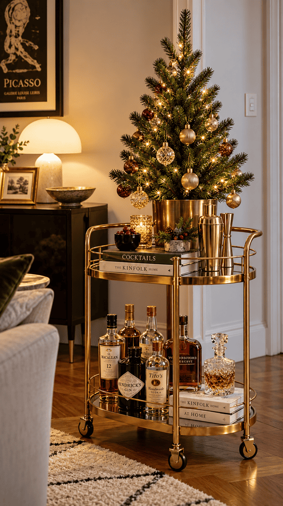 Small Christmas tree displayed on a rolling bar cart in an apartment living room