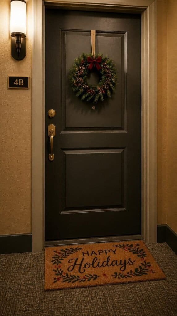 Festive holiday doormat and small wreath outside an apartment front door in a hallway