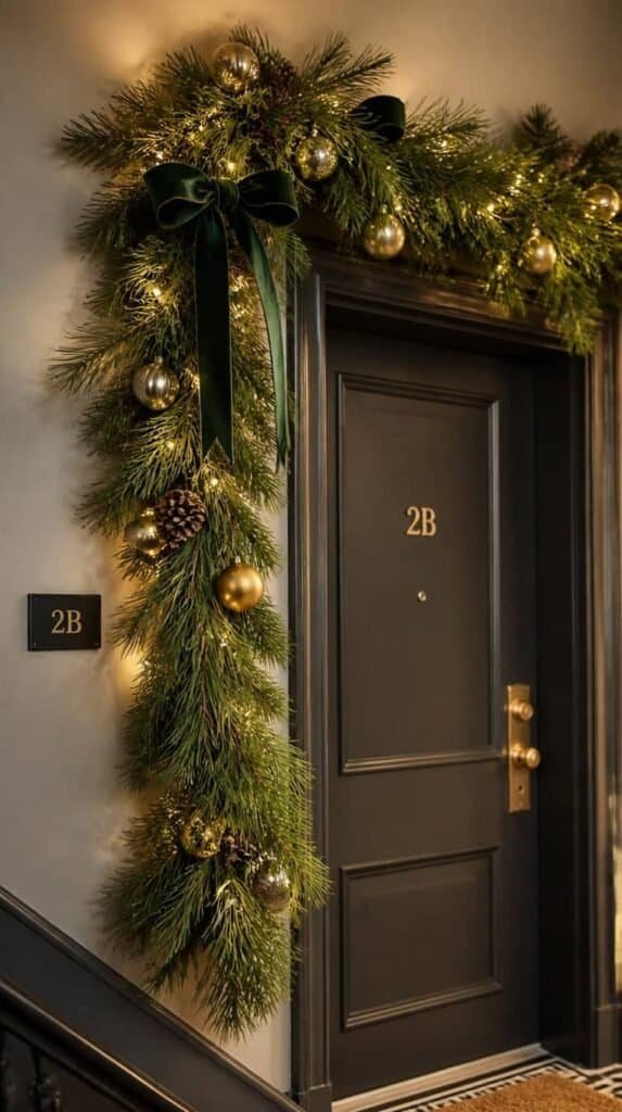 Fresh pine garland draped over an apartment doorway with small ornaments - Christmas decorating ideas
