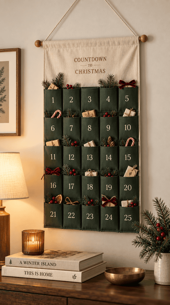 Fabric advent calendar with numbered pockets hanging on an apartment wall