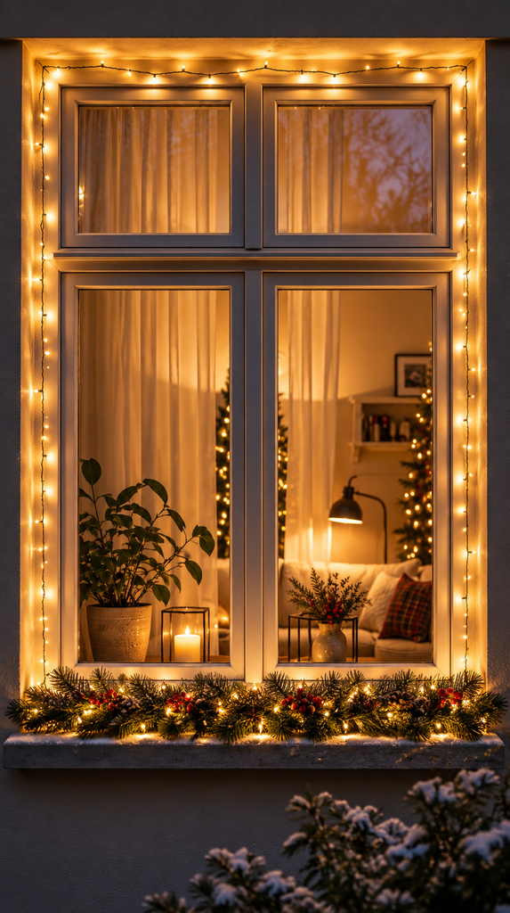 Warm white string lights outlining an apartment window at dusk