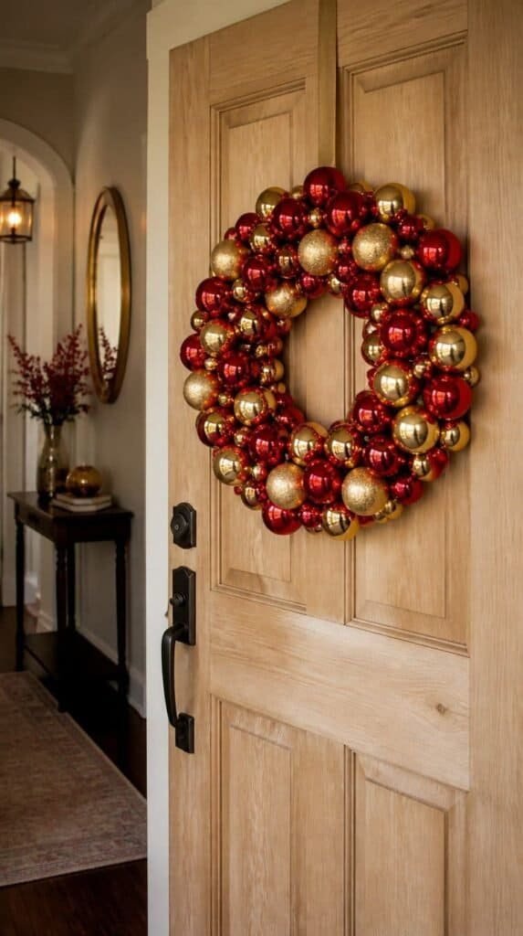 Wreath made of clustered glass ornaments hanging on a front door