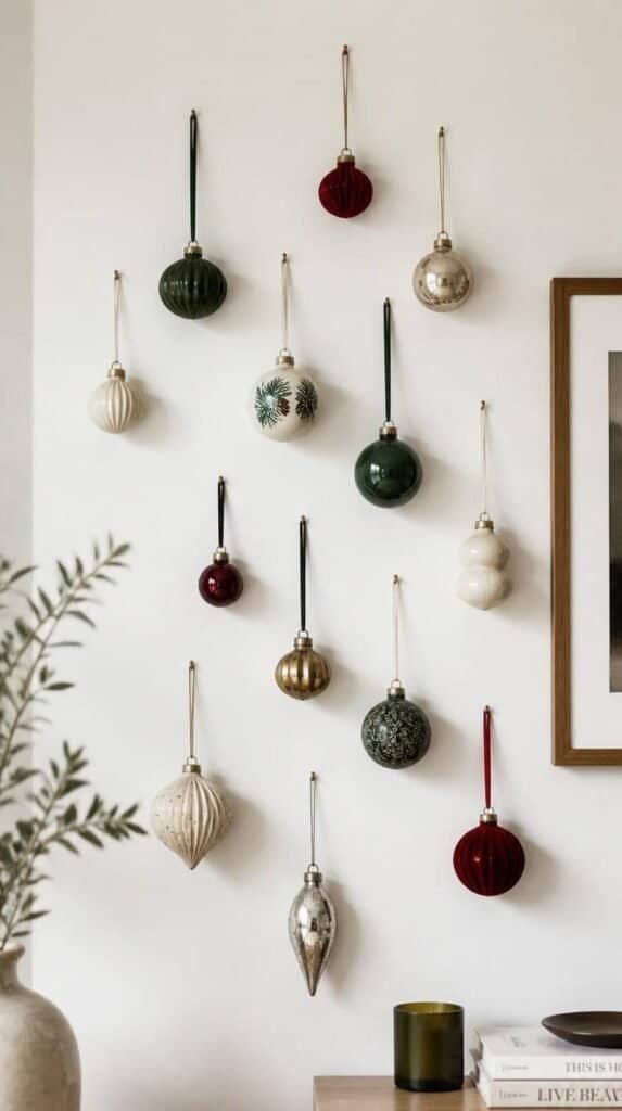 Cluster of ornaments at varying heights hung on a white apartment wall