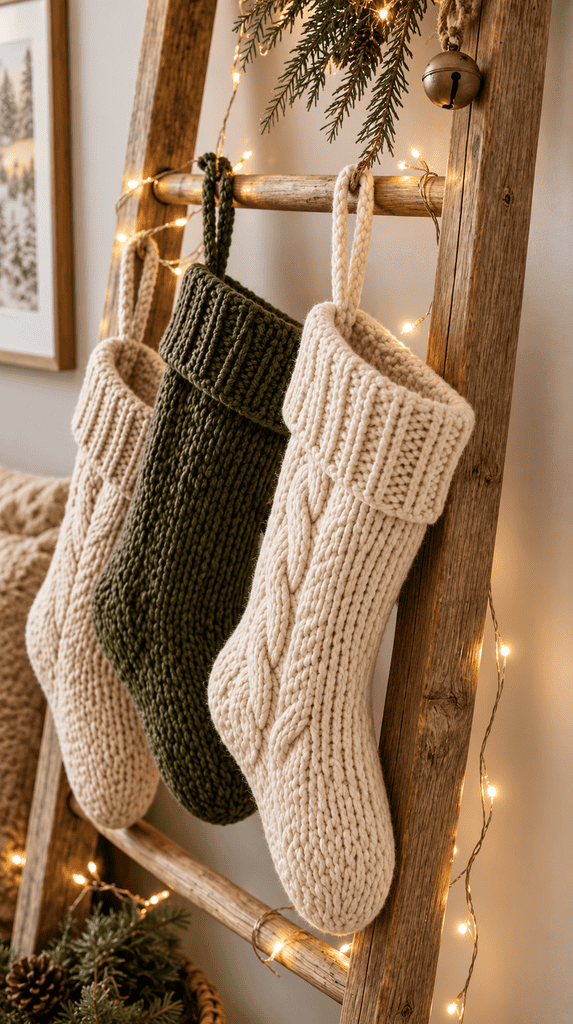 Christmas stockings hanging from a decorative wood ladder leaned against a wall