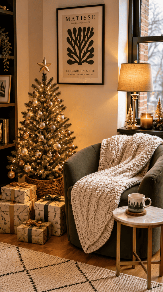 Cozy styled Christmas corner nook with a small tree, wrapped gifts, and a throw blanket
