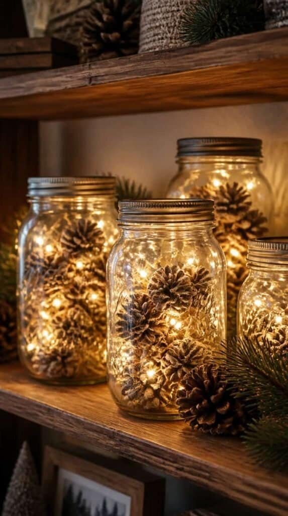 Glass jars filled with warm fairy lights arranged on a shelf