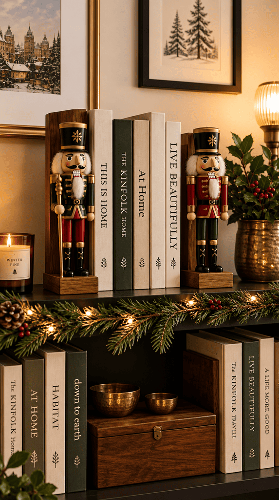 Wooden nutcracker figures styled as bookends on a small apartment bookshelf