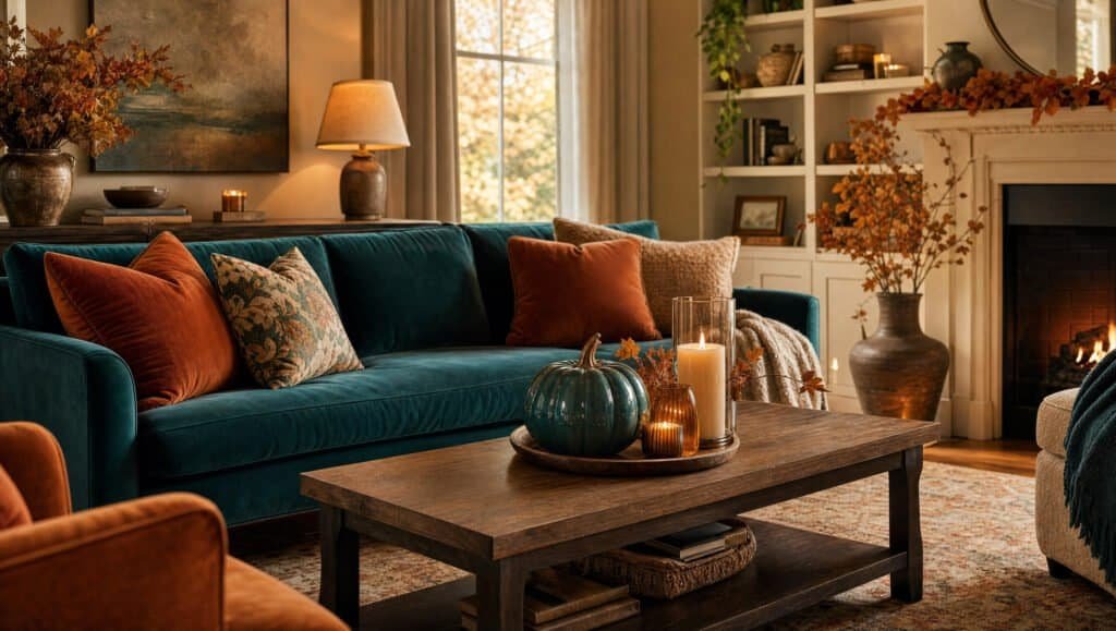 Fall living room in deep teal, rust, and cream with a teal velvet sofa and ceramic pumpkin