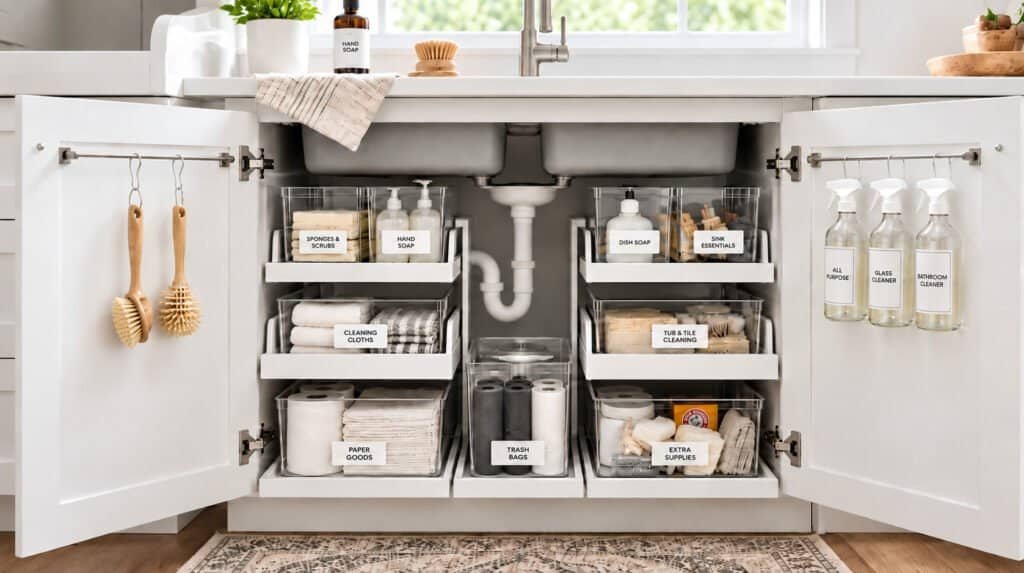 Organized kitchen under-sink cabinet with clear bins, sliding drawers and spray bottles on a rod