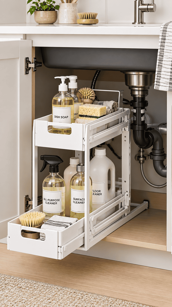 Two-tier sliding drawer under sink organizer pulled out around kitchen pipes