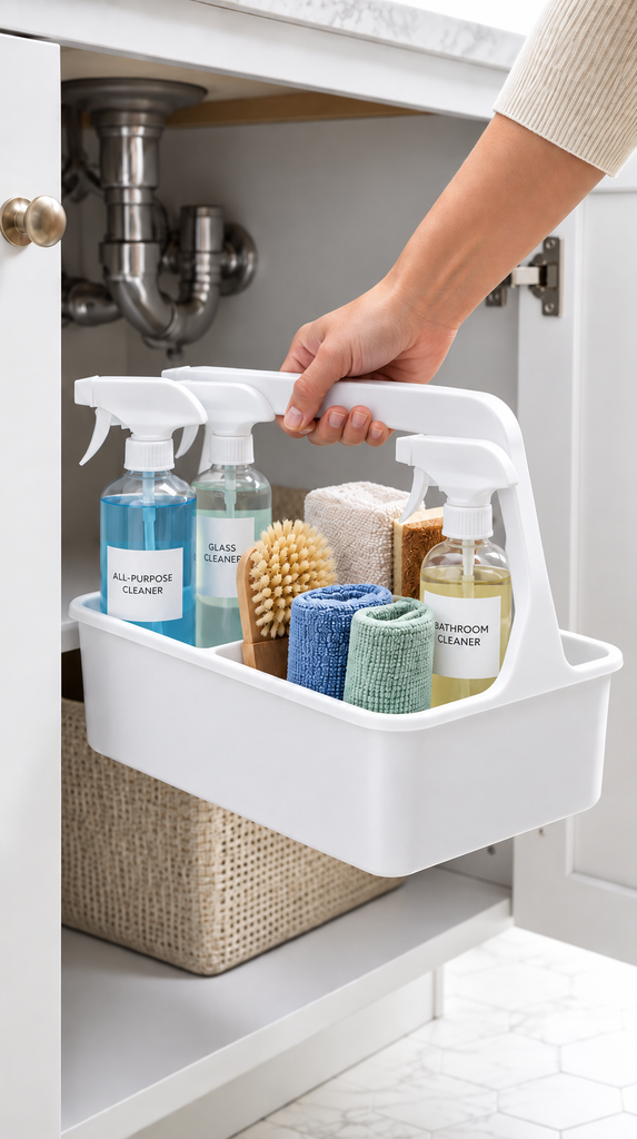 Hands lifting a cleaning caddy with supplies out of a bathroom under-sink cabinet
