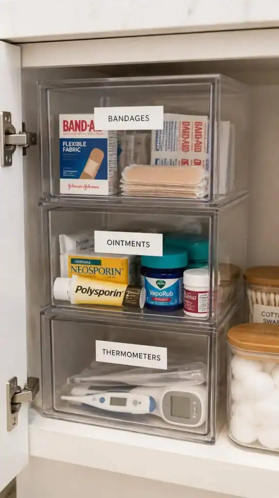 Clear stackable mini drawers organizing first aid supplies under a bathroom sink