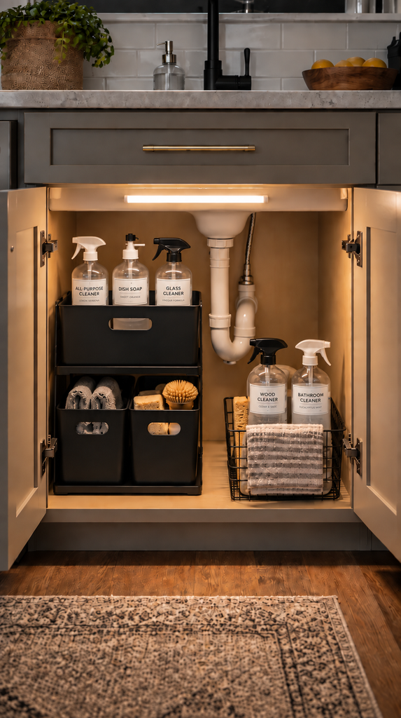 Motion sensor LED light glowing inside an organized kitchen under-sink cabinet