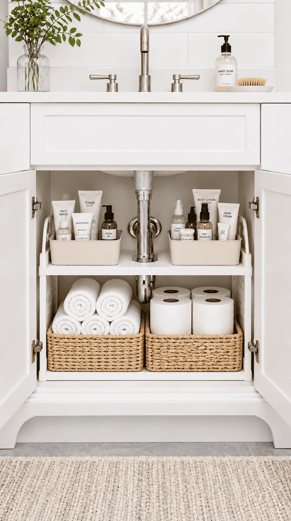 U-shaped expandable shelf around a bathroom vanity pipe holding towels and toiletries