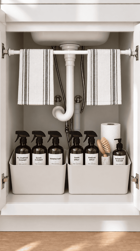 Spray bottles hanging from a tension rod inside a kitchen under-sink cabinet