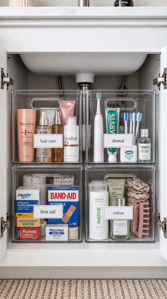 Spray bottles hanging from a tension rod inside a kitchen under-sink cabinet