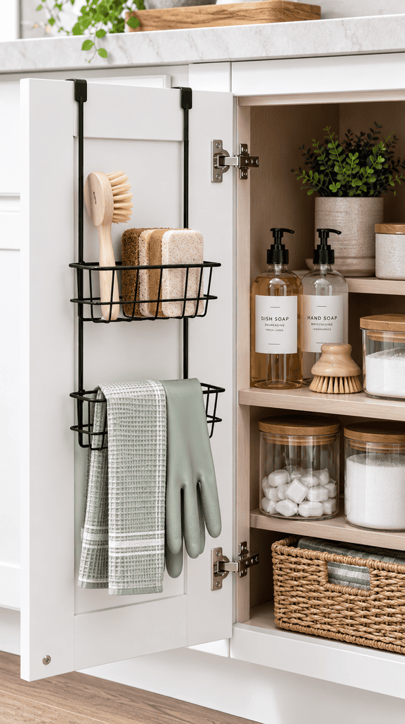 Over-the-door wire caddy holding sponges and brushes inside a kitchen cabinet door