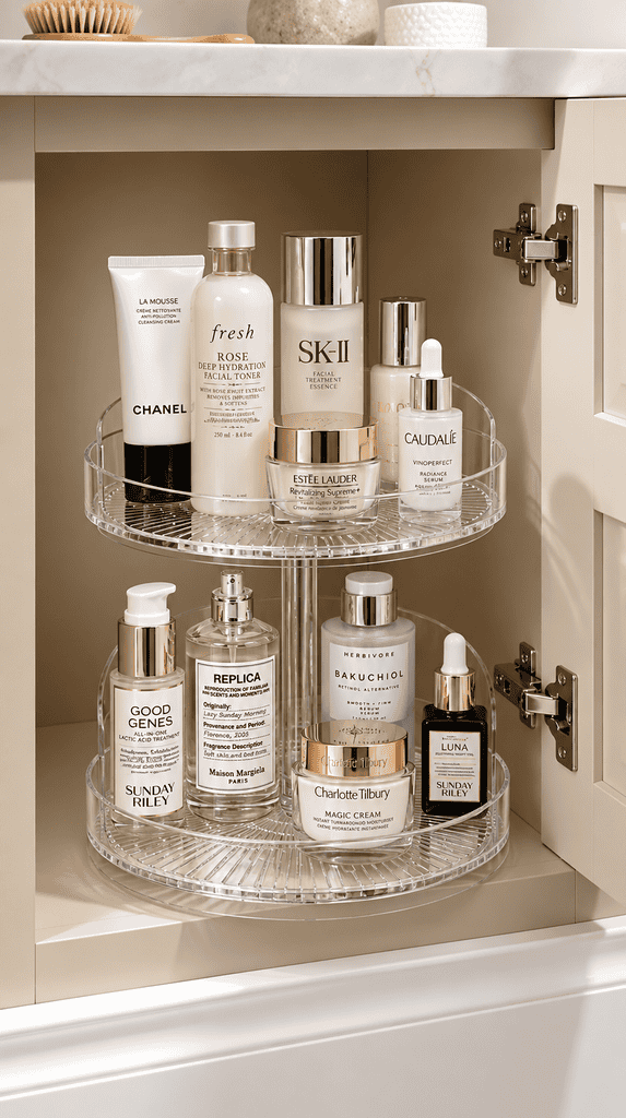 Clear lazy susan turntable holding skincare products inside a bathroom vanity