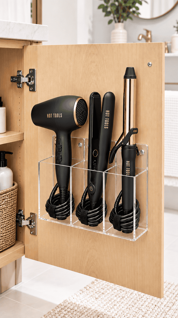 Hair tool holder mounted inside a bathroom cabinet door storing a dryer and flat iron