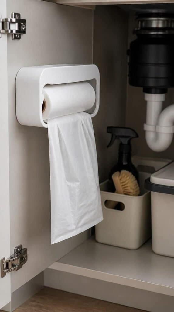 Trash bag roll dispenser mounted inside a kitchen under-sink cabinet