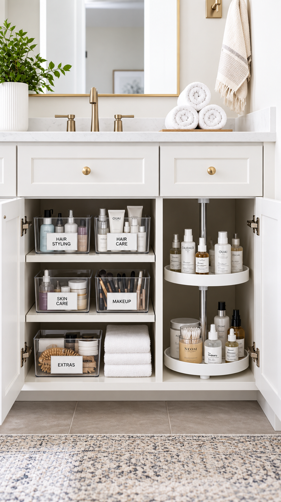 Motion sensor LED light glowing inside an organized kitchen under-sink cabinet