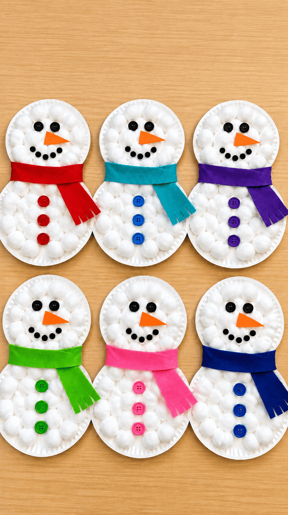 Paper plate snowman winter classroom crafts with felt scarves and paper carrot noses