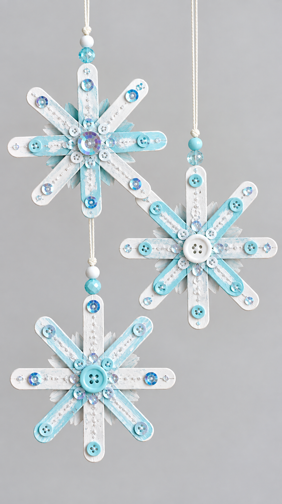 Popsicle stick snowflake ornaments painted white and blue with sequins