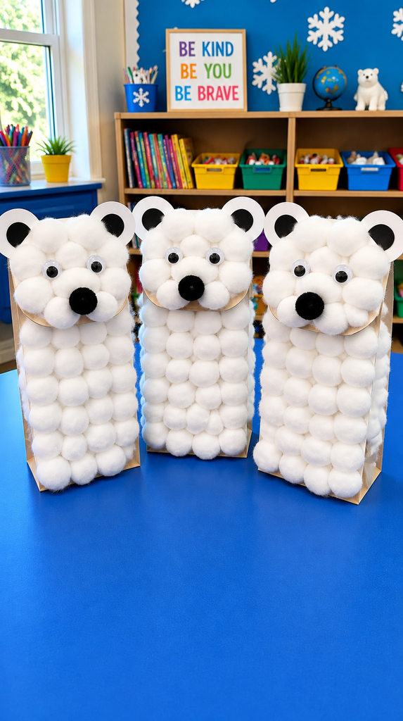 Paper bag polar bear puppets made with cotton balls and pom pom noses