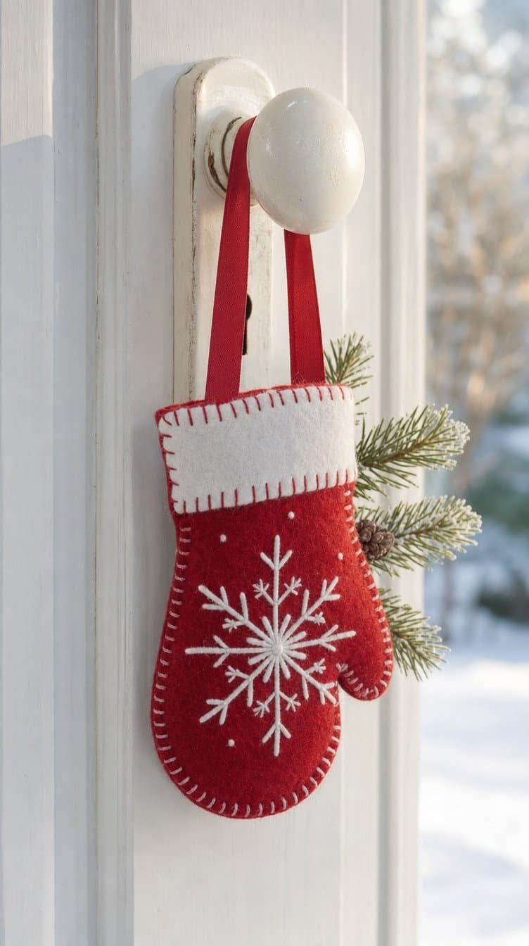 Red and white felt mitten door hanger with snowflake details on a door knob