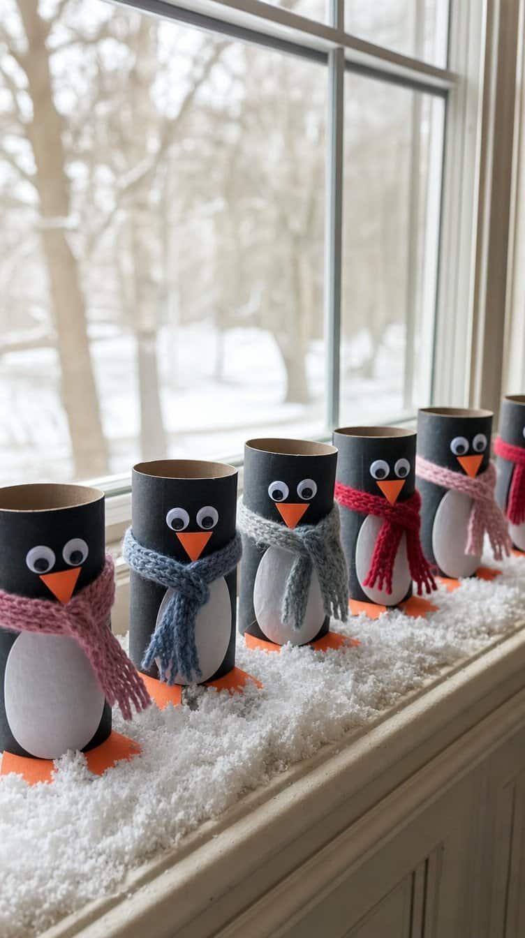Toilet paper roll penguins with orange beaks and yarn scarves on a snowy windowsill