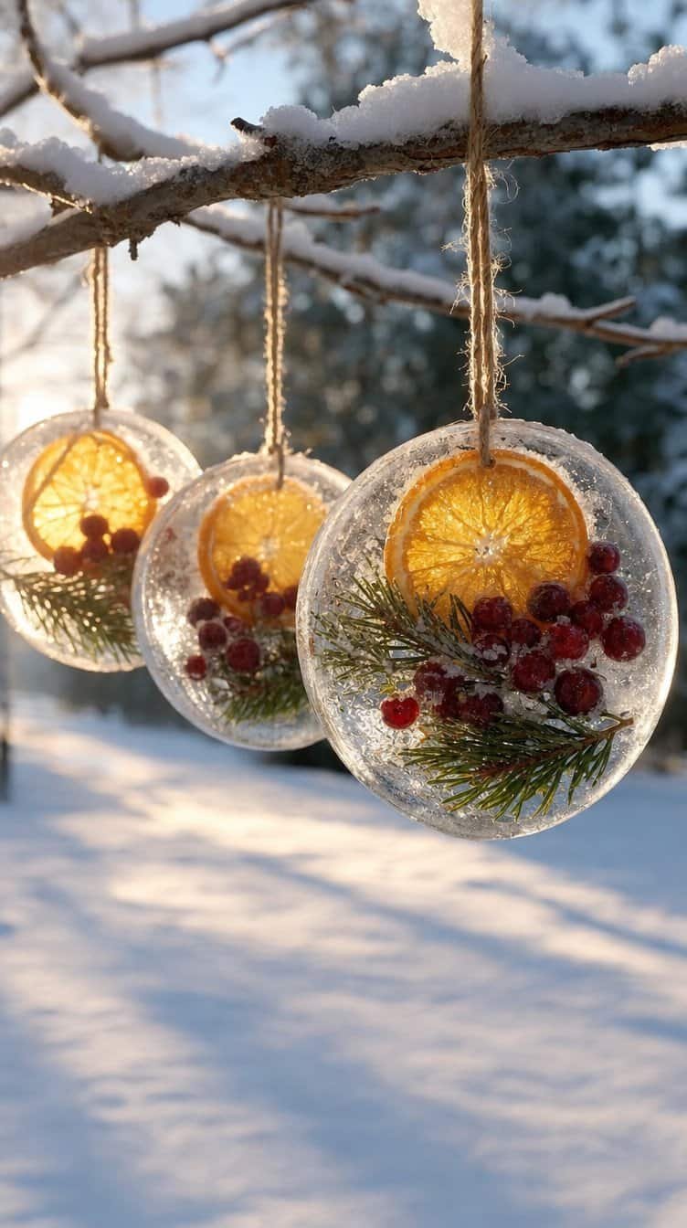 Frozen ice suncatchers with cranberries, orange slices, and pine hanging from a snowy branch