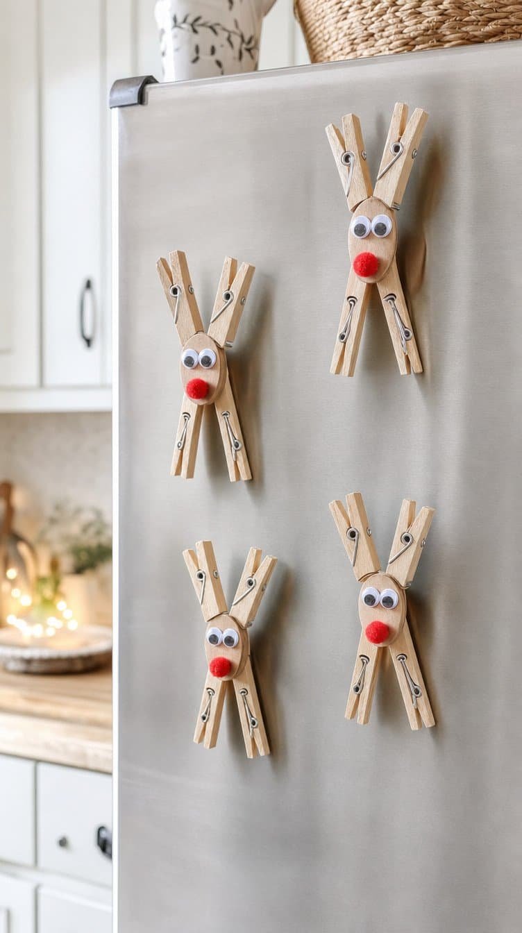 Clothespin reindeer magnets with googly eyes and red pom pom noses on a fridge