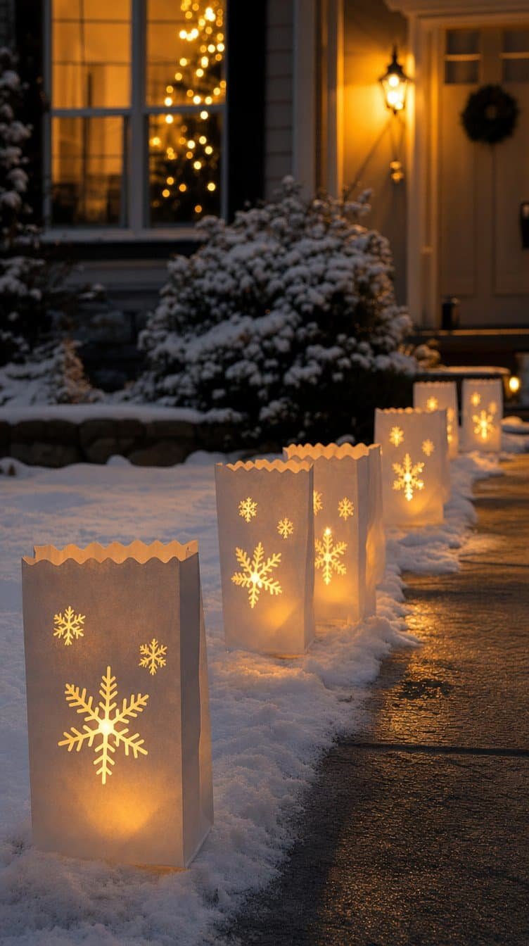 White paper bag luminaries with snowflake cutouts glowing along a snowy walkway