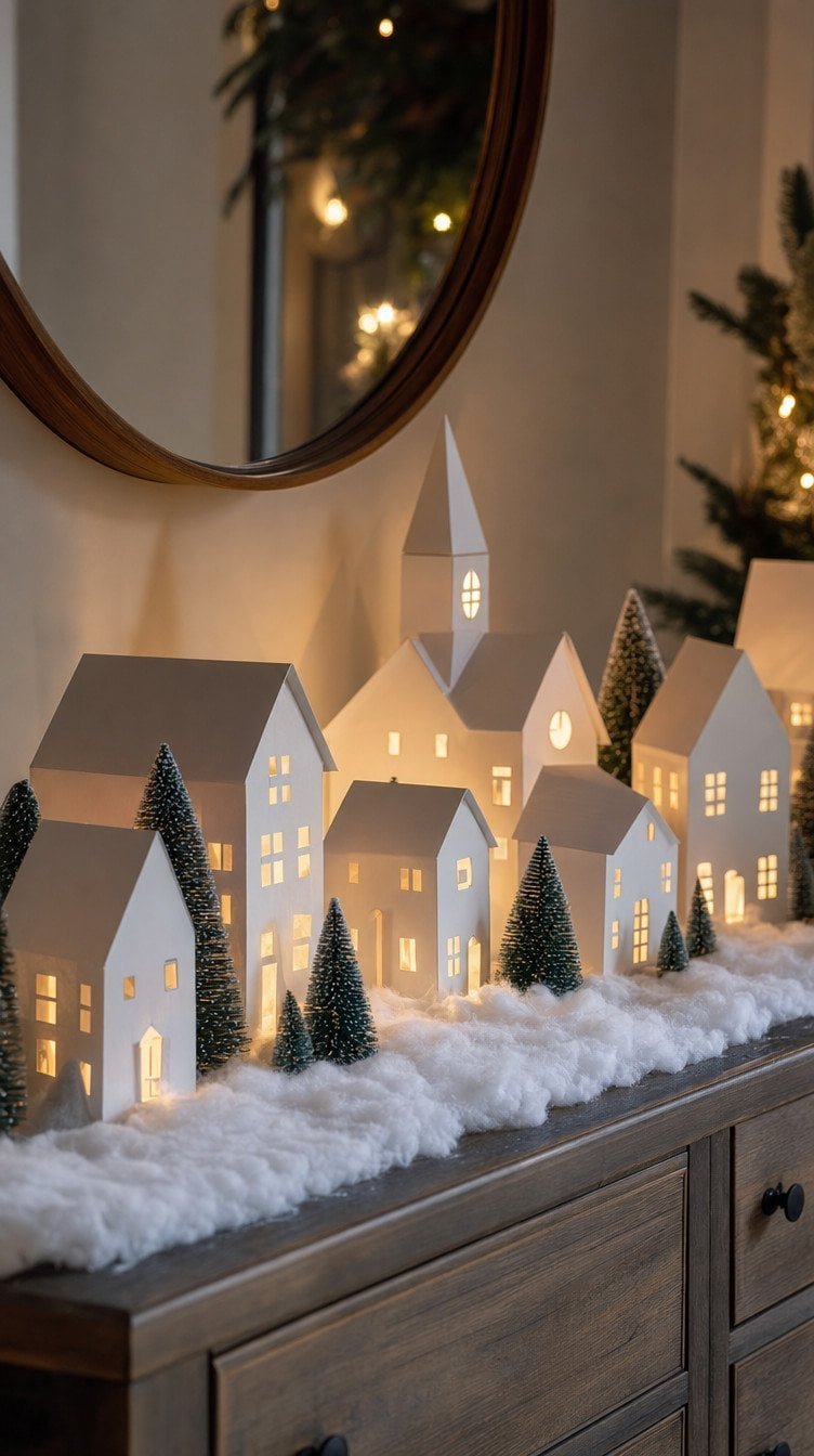Kid made paper house winter village glowing with tea lights on cotton snow