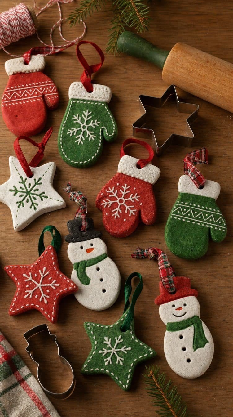 Painted salt dough ornaments shaped like mittens, stars, and snowmen with ribbon hangers