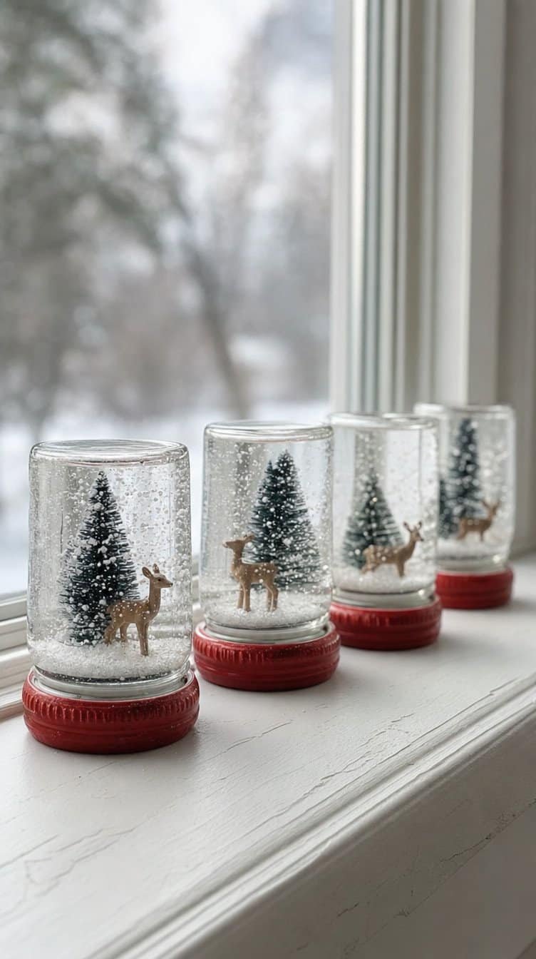 Kid made mini jar snow globes with bottle brush trees and glitter on a windowsill