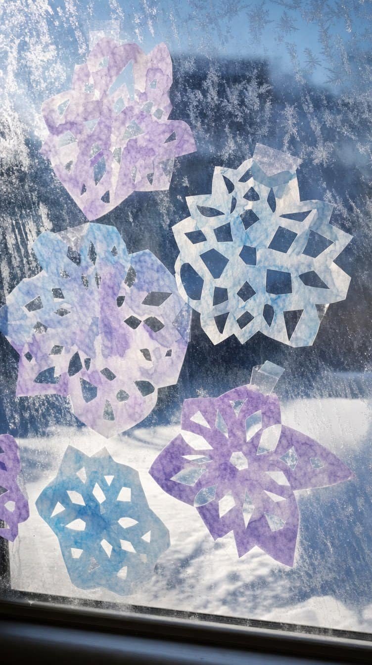 Blue and lavender watercolor coffee filter snowflakes glowing on a frosty window