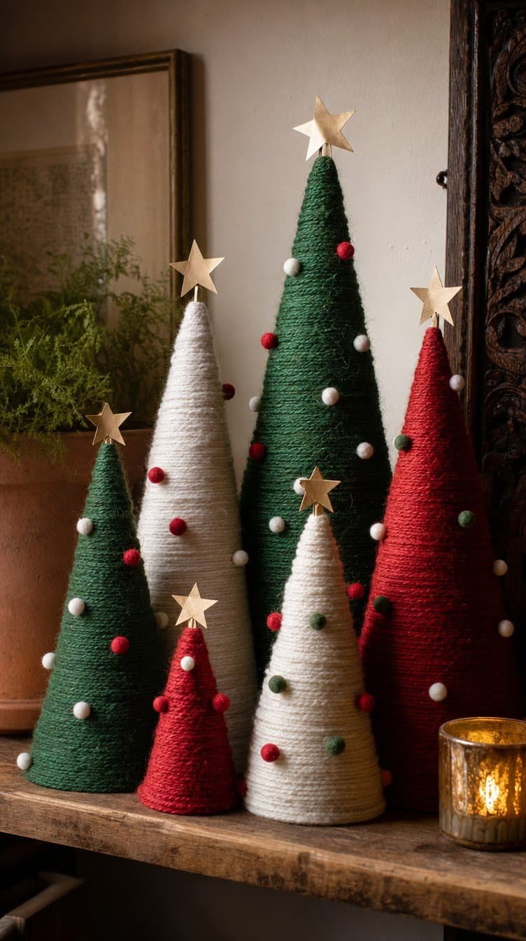 Cardboard cone mini trees wrapped in green, white, and red yarn with pom pom ornaments