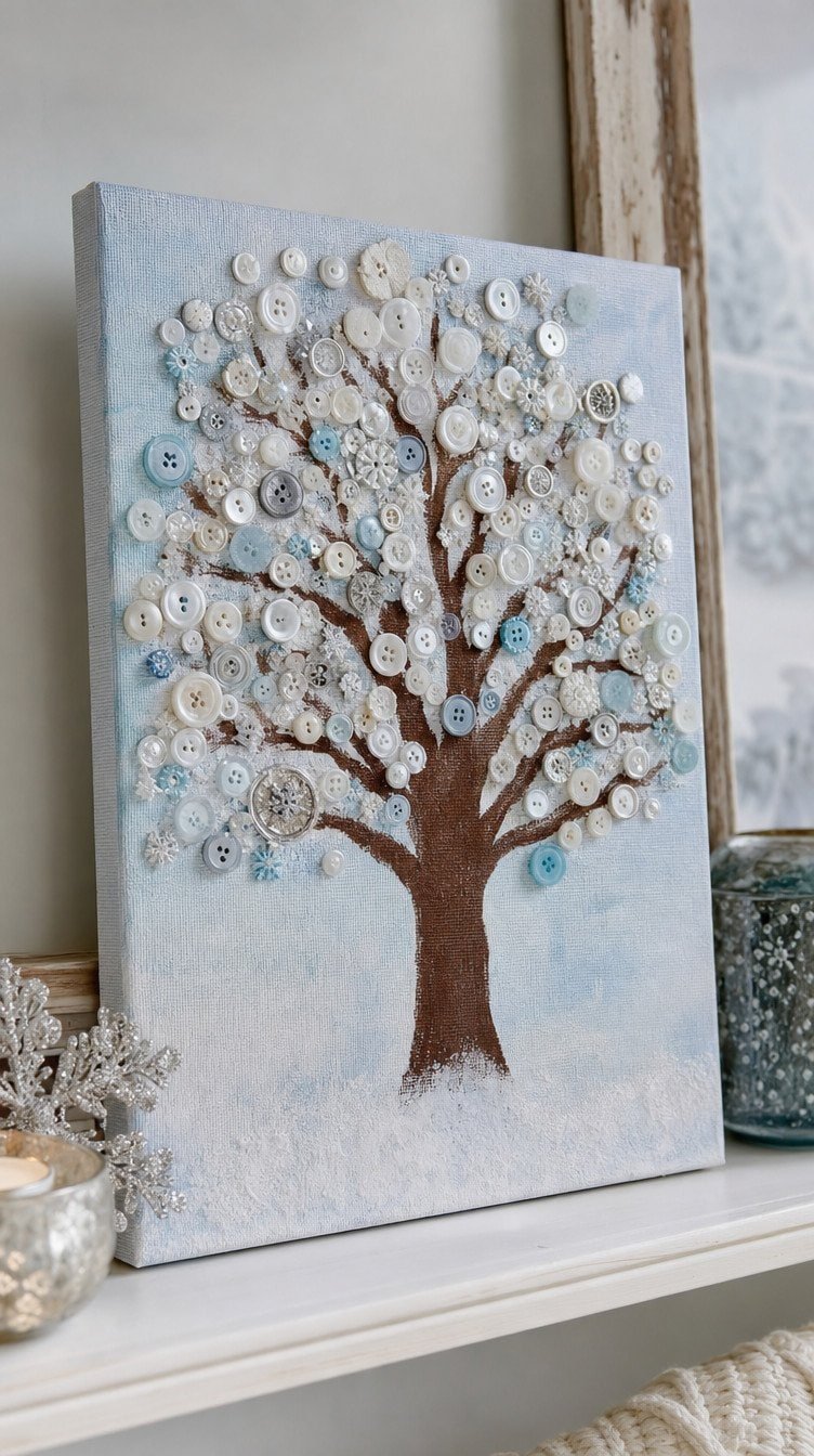 Canvas art of a winter tree covered in white, silver, and pale blue buttons