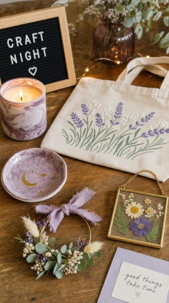 Table displaying finished handmade projects from a craft night including a tote, clay dish and candle
