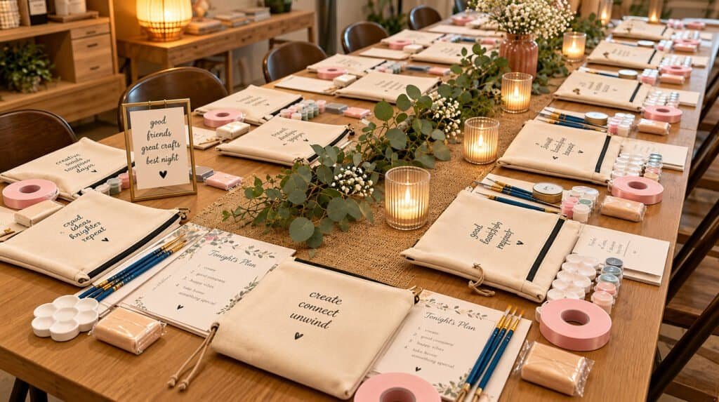 Long table set with rows of identical prepped kits for a group craft night