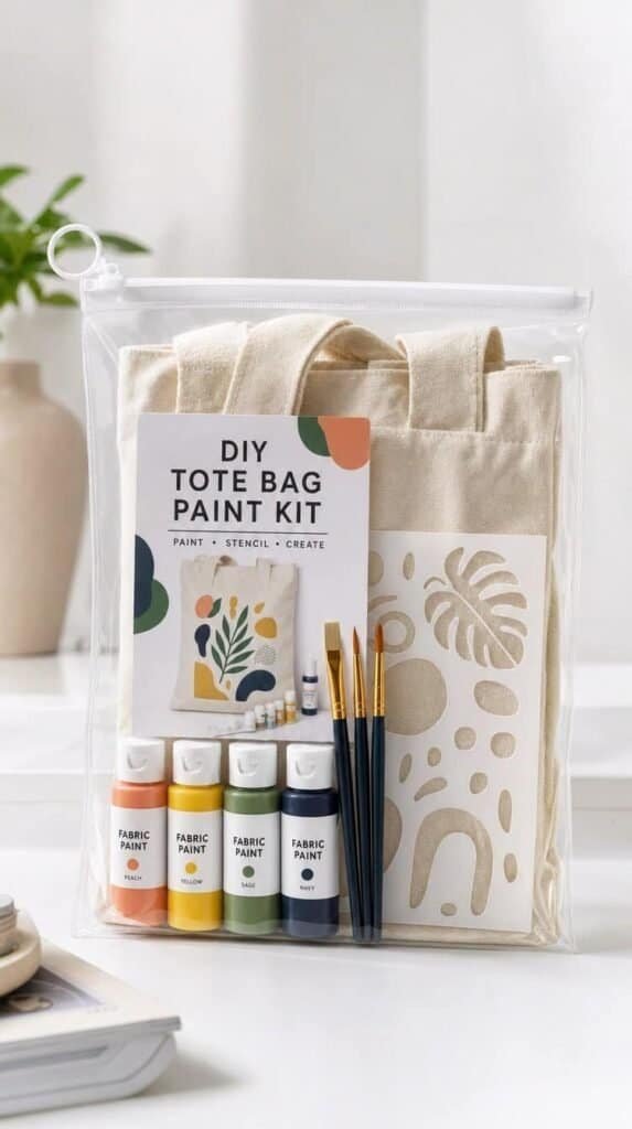 Canvas tote bag kit with fabric paint bottles, brushes and a stencil in a clear pouch