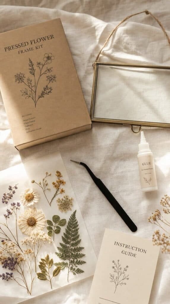 Pressed flower frame kit with dried flowers, tweezers and a glass frame on a linen cloth