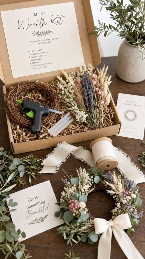 Mini grapevine wreath kit with dried florals, ribbon, glue gun and greenery sprigs