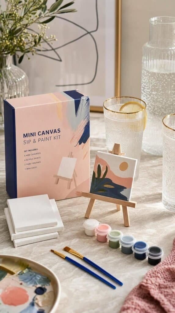 Mini canvas sip and paint kit with small canvases, acrylic paints, brushes and a tiny easel
