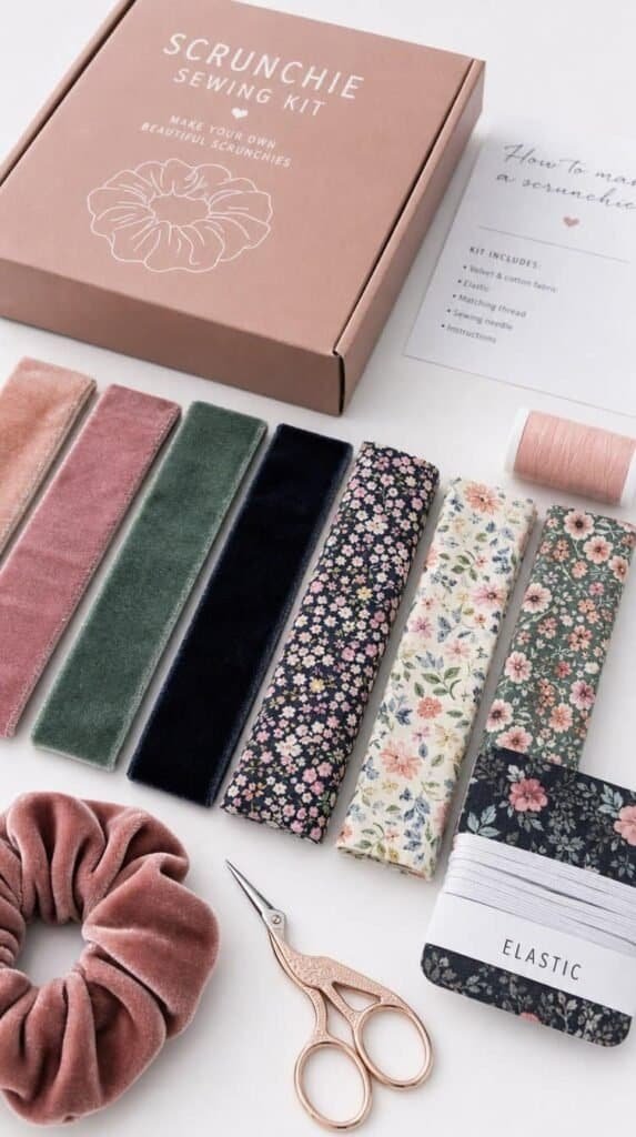 Fabric scrunchie sewing kit with velvet and floral fabric strips, elastic, thread and scissors