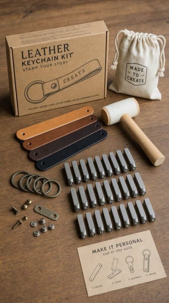 Leather keychain stamping kit with leather strips, metal letter stamps, mallet and hardware
