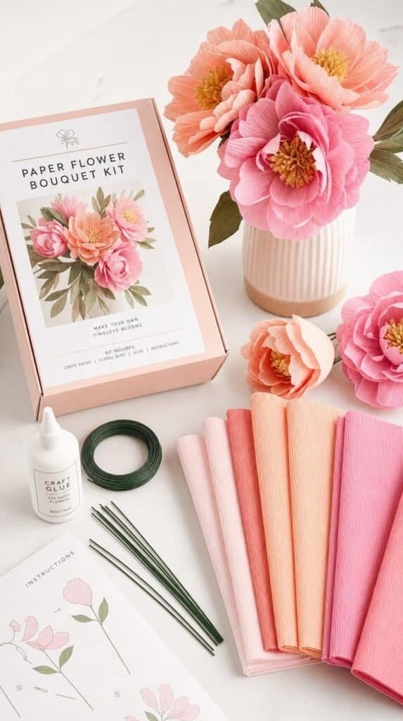 Paper flower bouquet kit with pink and peach crepe paper petals and green wire stems