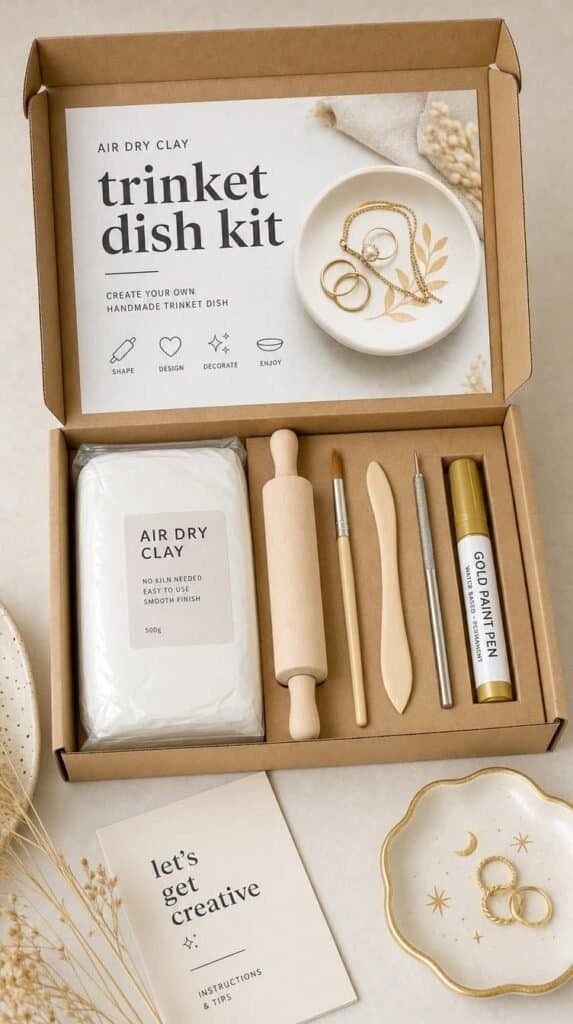 Air dry clay trinket dish kit with white clay, mini rolling pin and gold paint pen in a kraft box - adult craft kits