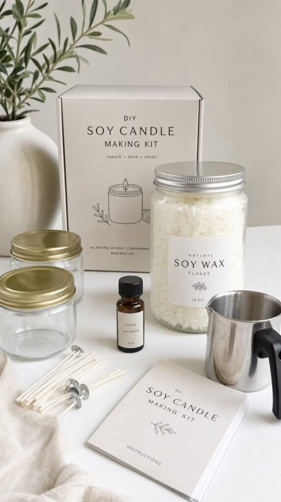 Soy candle making kit with wax flakes, wicks, glass jars and a pouring pitcher